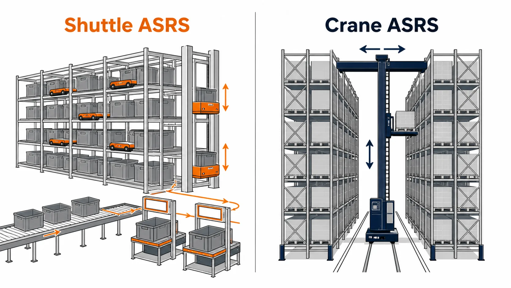 Shuttle ASRS vs Crane-Based ASRS: Which Is Right for You? Shuttle ASRS vs crane-based ASRS architecture comparison