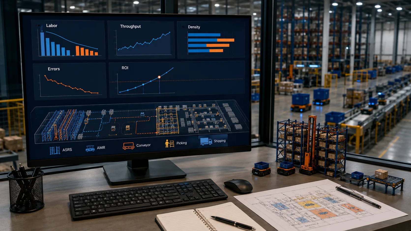 Warehouse automation ROI dashboard showing labor, throughput, storage density, errors, and payback timeline