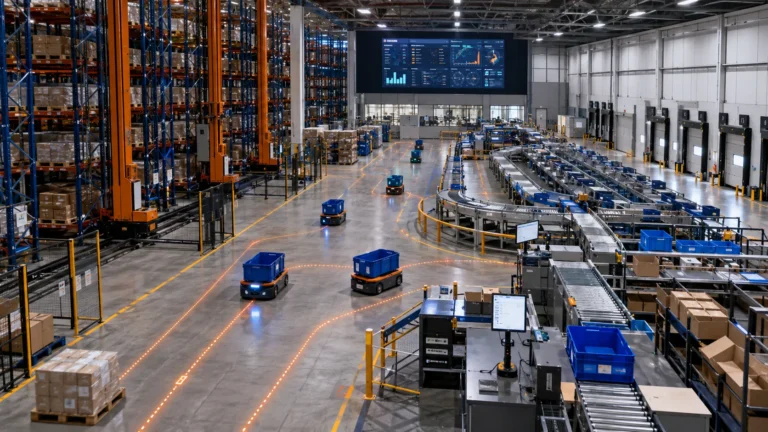 Modern warehouse automation systems overview showing ASRS, AMR robots, conveyors, picking stations, sortation, and warehouse software layers