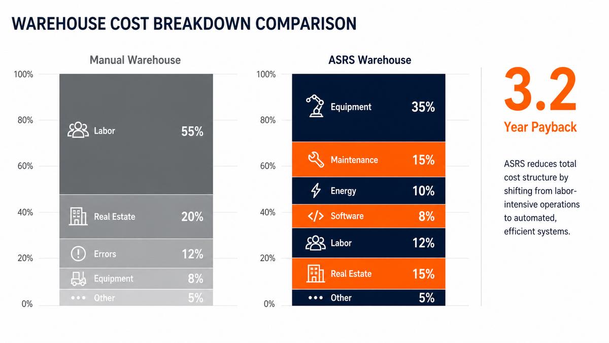 Warehouse automation cost breakdown showing CAPEX and OPEX distribution