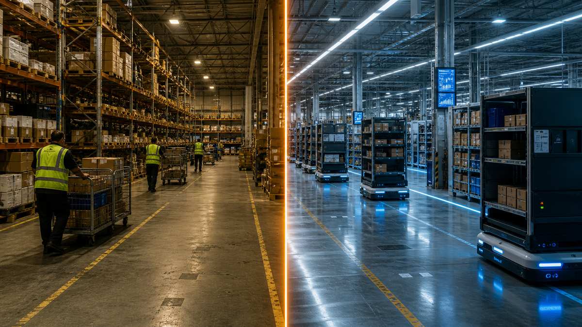 Before and after comparison of manual vs automated warehouse operations showing ROI impact