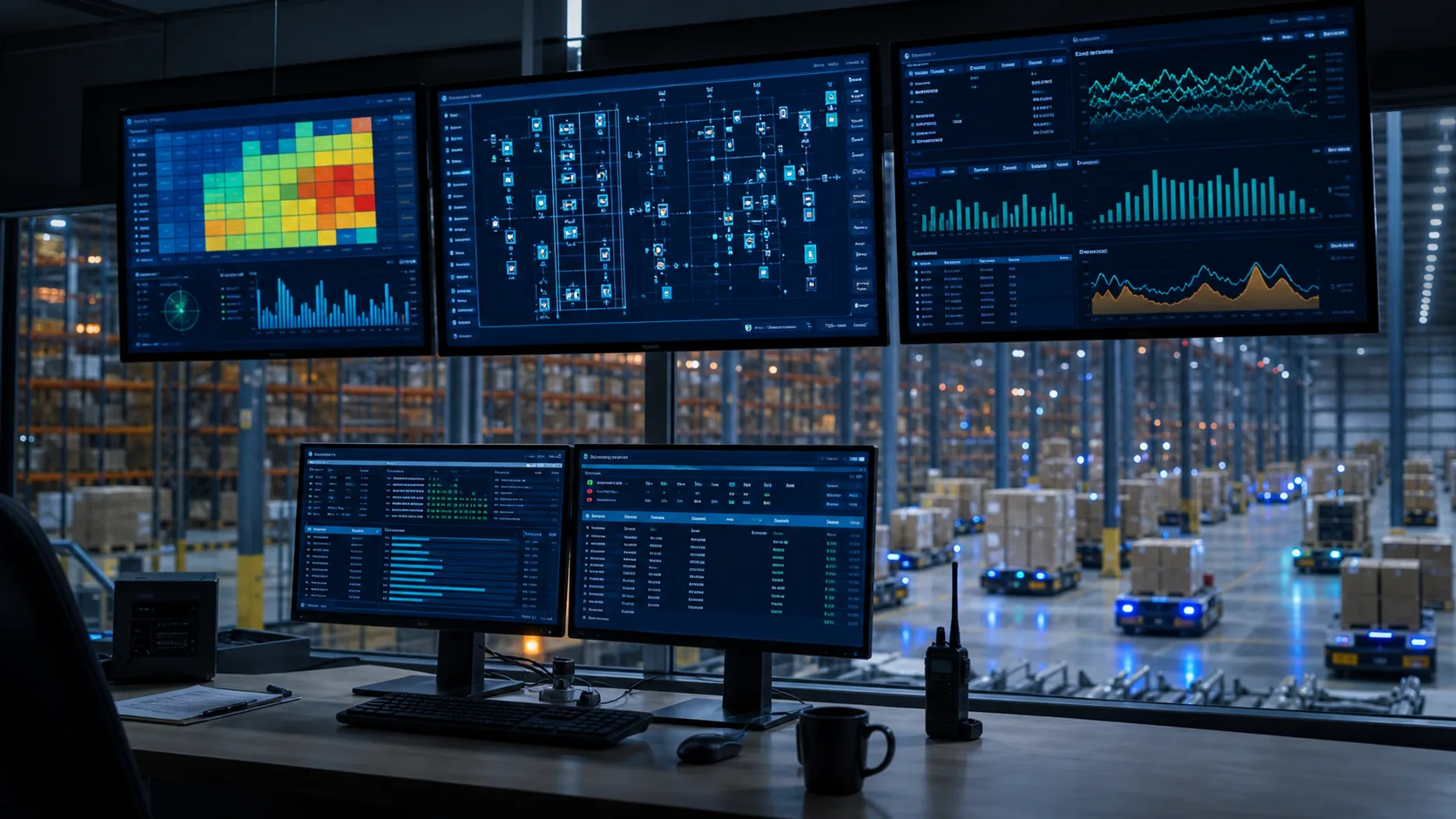 How Does an ASRS System Work? The Complete Breakdown Warehouse Execution System control room showing real-time monitoring of ASRS robot fleet and task scheduling