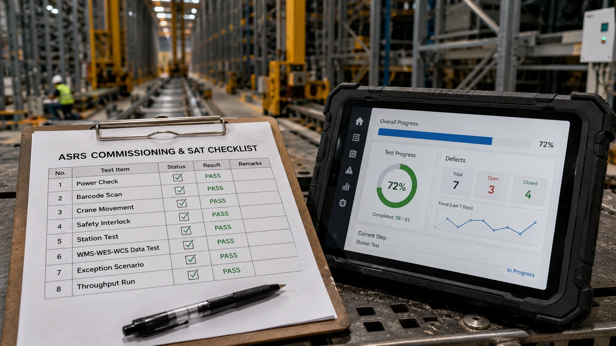 ASRS Implementation Timeline: From Planning to Go-Live Close-up commissioning checklist on a clipboard beside a tablet showing ASRS test progress, defect status, barcode scan tests, station tests, safety interlock tests, and go-live readiness