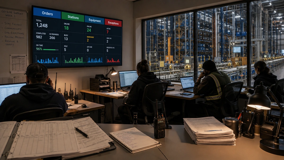ASRS Implementation Timeline: From Planning to Go-Live Cinematic but realistic warehouse control room during ASRS go-live week, showing operations screens, support desk, radio headsets, printed issue log, and warehouse floor visible through glass