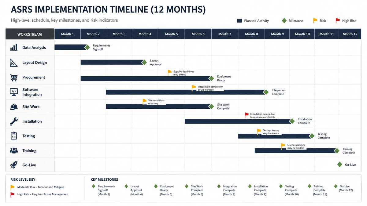ASRS Implementation Timeline: From Planning to Go-Live Editorial Gantt chart infographic showing a 12-month ASRS implementation timeline with workstreams for data, layout, procurement, software, site work, installation, testing, training, and go-live
