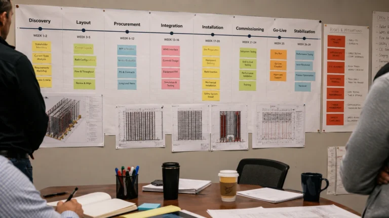 Blog Project war room wall showing an ASRS implementation timeline, installation phases, software milestones, testing gates, colored sticky notes, and warehouse drawings