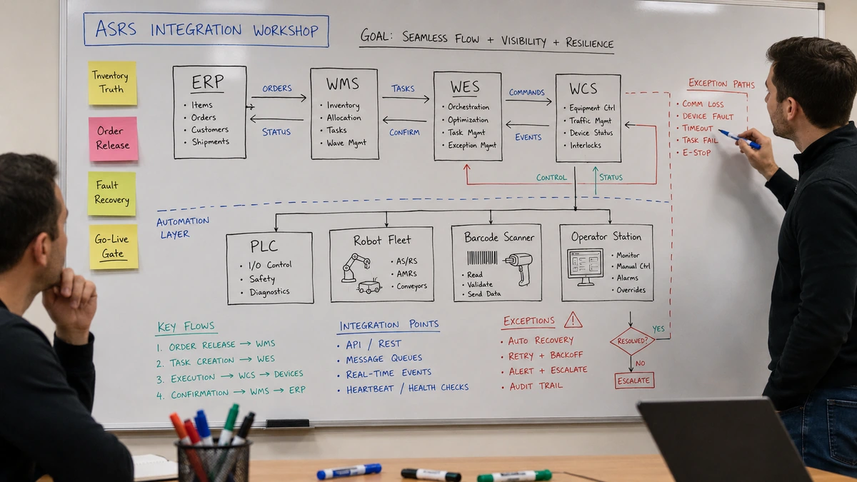 ASRS Implementation Timeline: From Planning to Go-Live Whiteboard workshop scene showing WMS, WES, WCS, ERP, PLC, robot fleet, barcode scanner, exception flow, and go-live decision gates mapped with markers and sticky notes