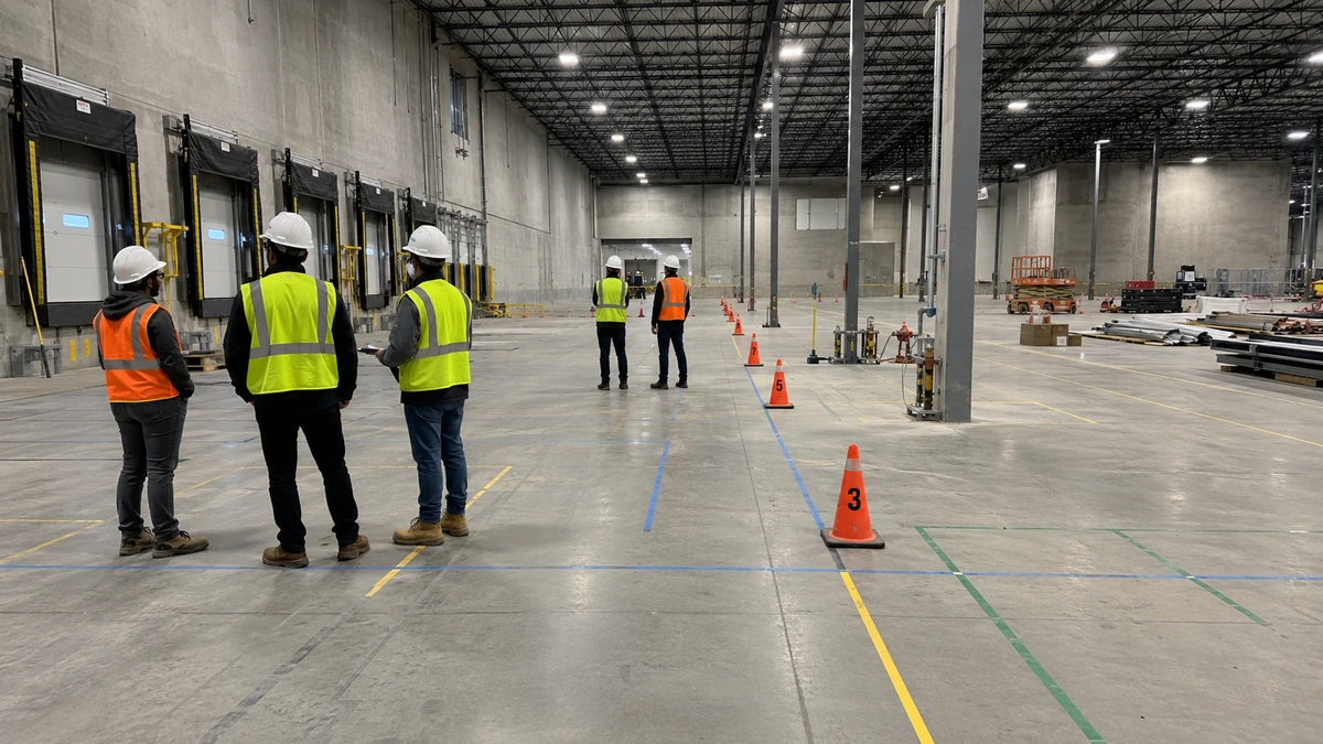 ASRS Implementation Timeline: From Planning to Go-Live Documentary site readiness photo showing engineers inspecting warehouse floor markings, utility points, column clearances, and installation staging zones before ASRS equipment arrives