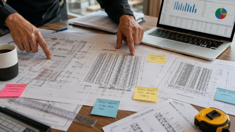 Blog Engineering planning table with printed warehouse floor plans, ASRS rack elevations, colored flow arrows, measuring tools, and a laptop showing slotting data