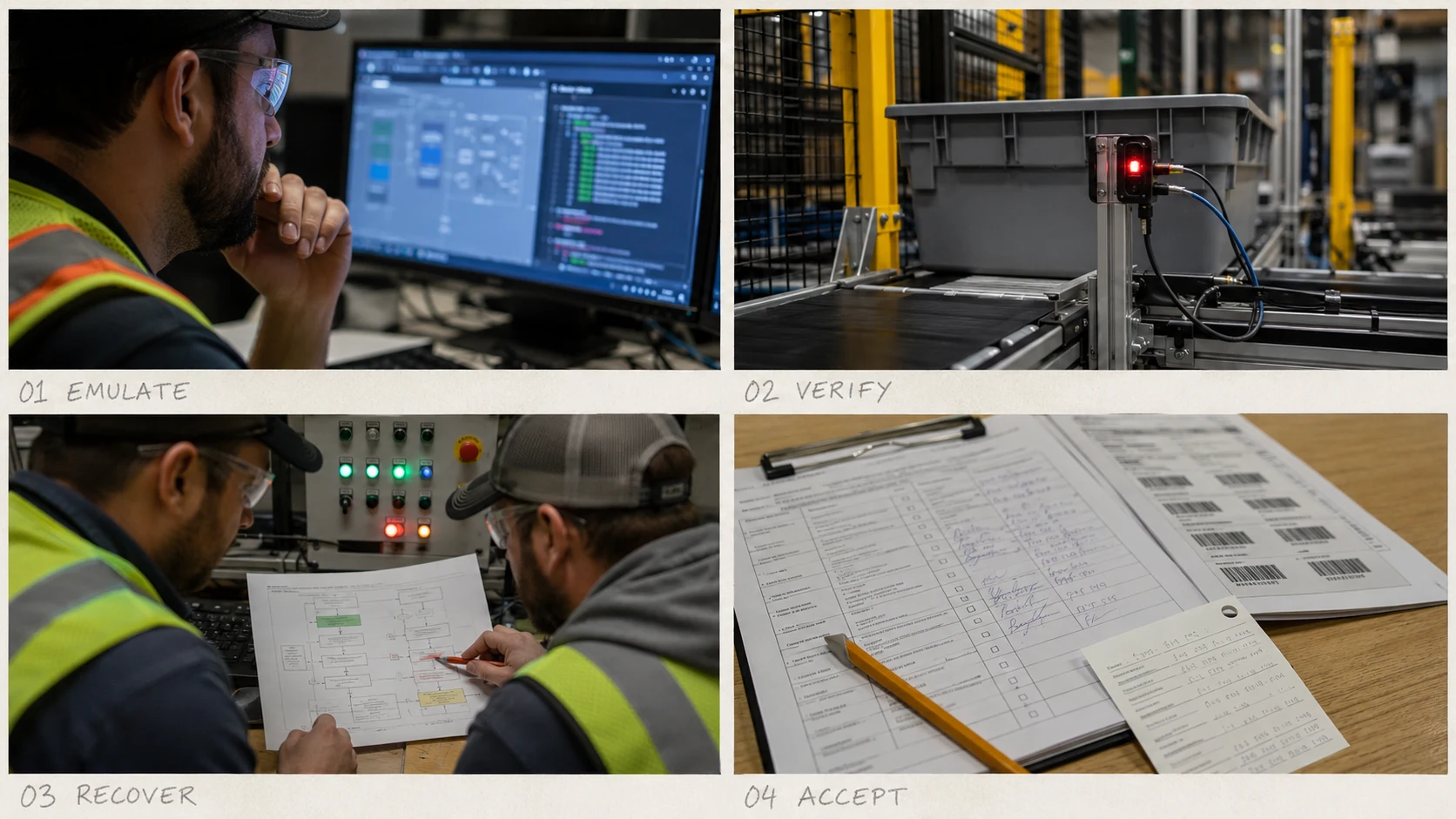 Warehouse automation commissioning workshop with engineers validating WES event flows, emulation results, acceptance tests, and recovery scenarios