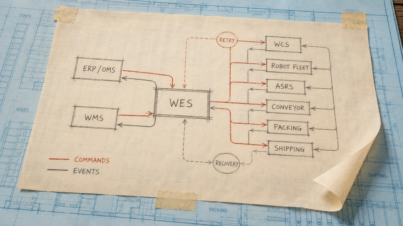 Event-driven WES integration map connecting ERP, WMS, WES, WCS, robot fleets, ASRS, conveyors, packing, and shipping confirmations