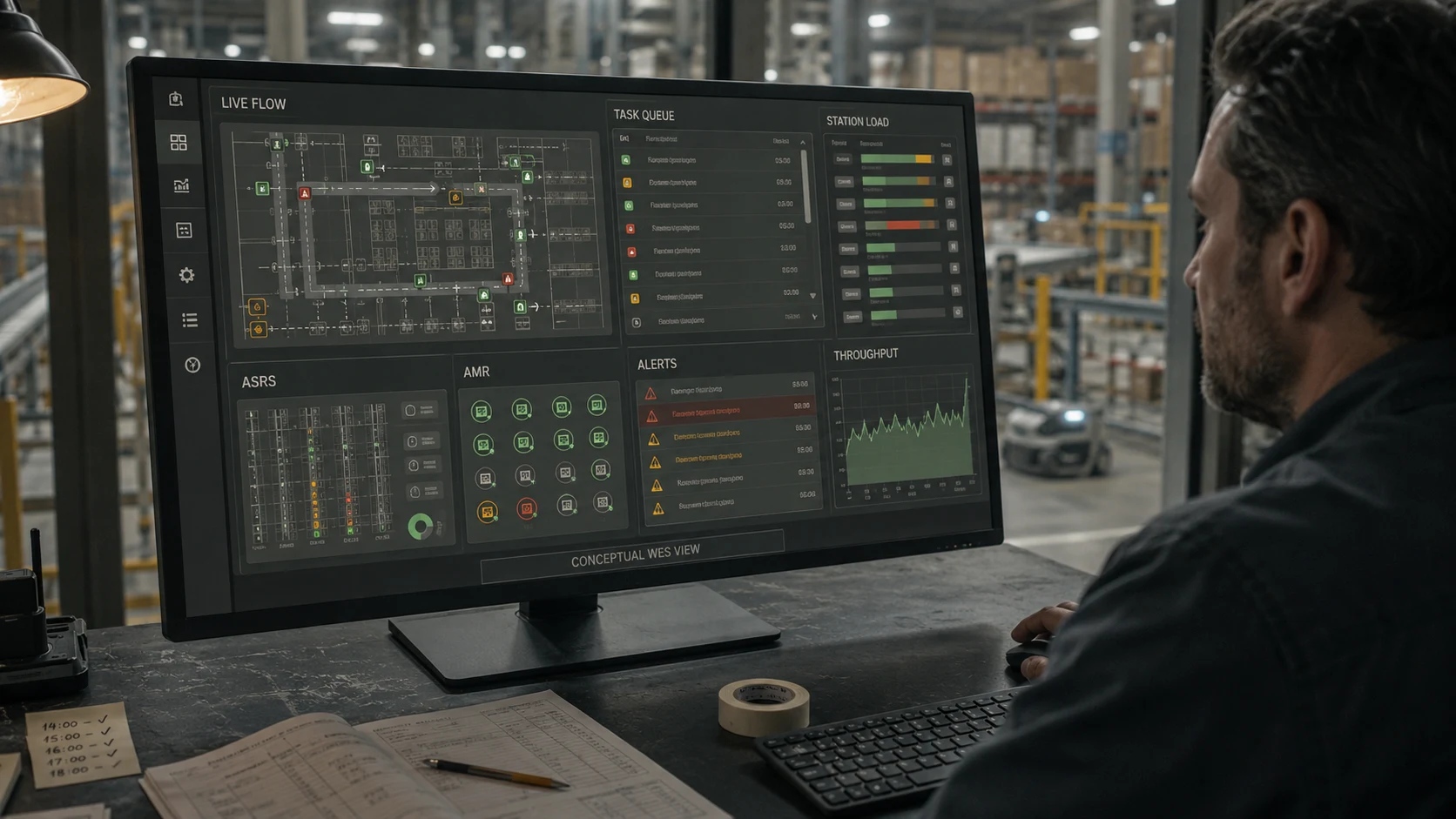 Conceptual WES operations view showing warehouse flow, task queues, station load, ASRS and AMR status, alerts, and throughput