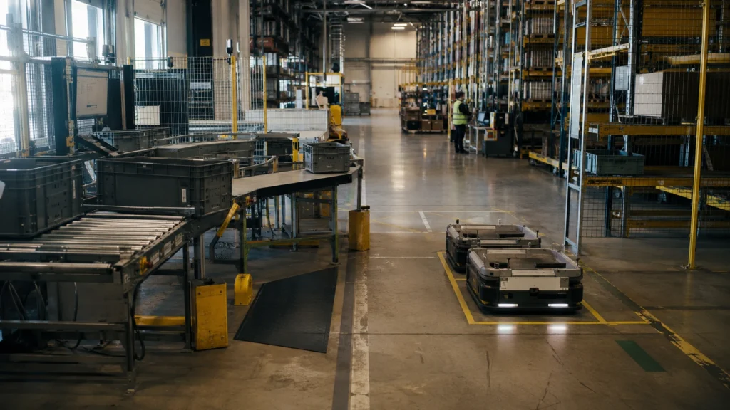 WES Software: What It Does, Modules, Cost & Integration Warehouse execution software coordinating ASRS, AMRs, conveyors, workstations, and order priorities in a modern fulfillment center