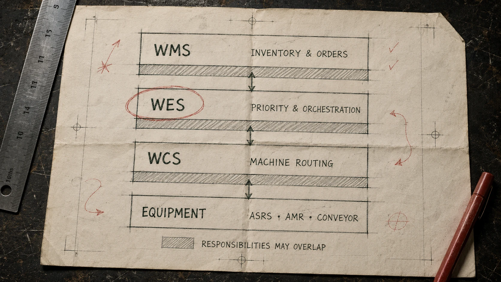 Flat architecture diagram comparing WMS planning, WES orchestration, WCS control, and warehouse equipment execution