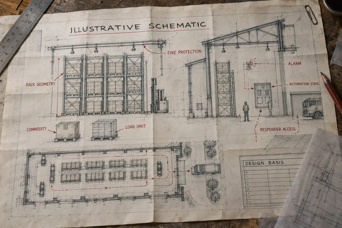 `Illustrative schematic of conceptual fire-protection design inputs for an automated storage system, including commodity, container, rack geometry, alarm, automation stop, and firefighter access.`