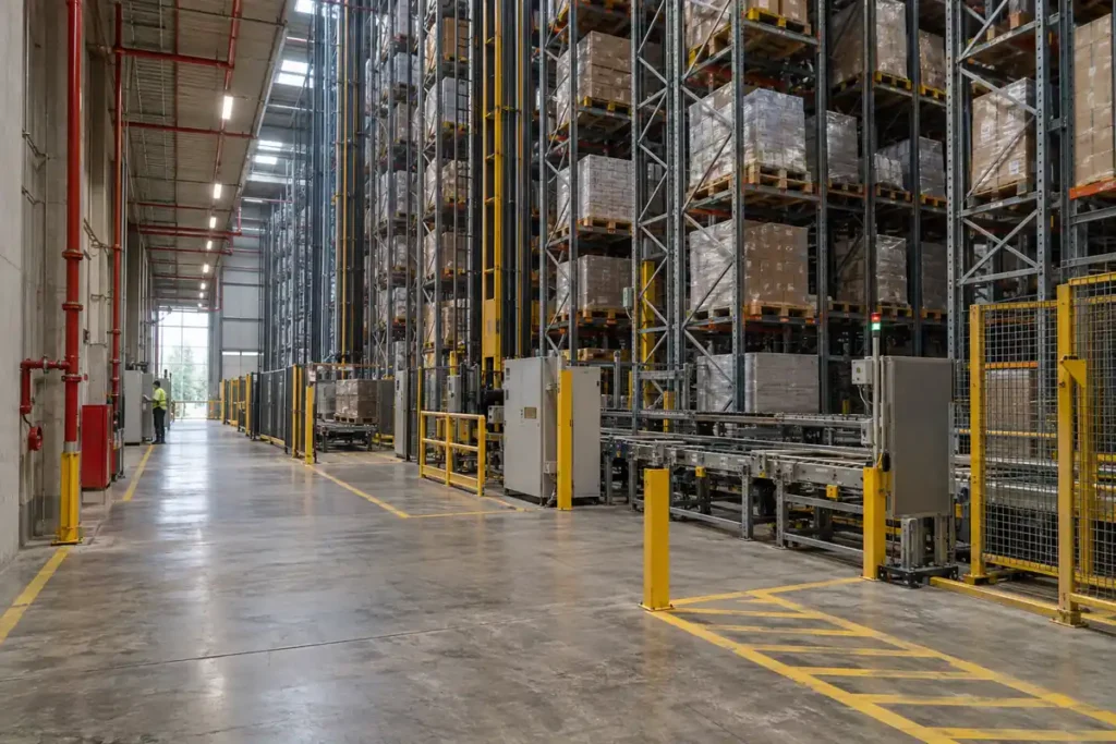 `A high-bay automated storage warehouse with dense rack blocks, a visible service aisle, sprinkler piping, and a separated equipment travel path.`