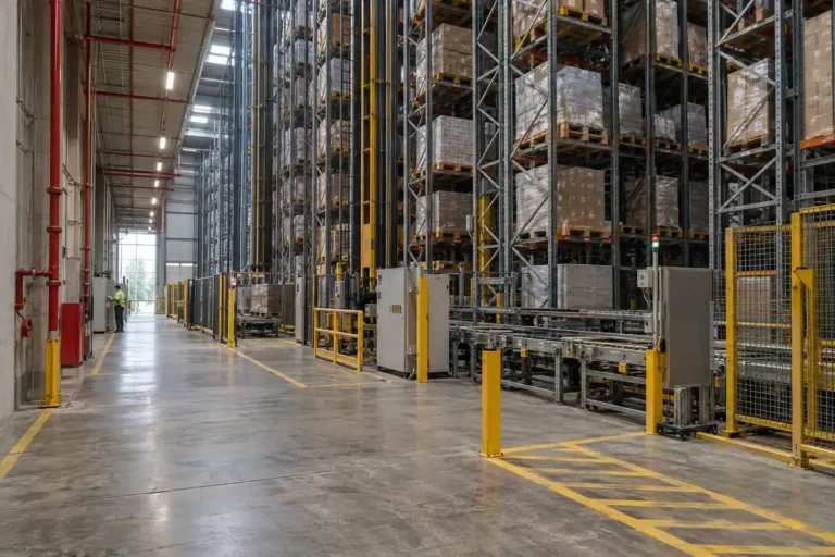 `A high-bay automated storage warehouse with dense rack blocks, a visible service aisle, sprinkler piping, and a separated equipment travel path.`