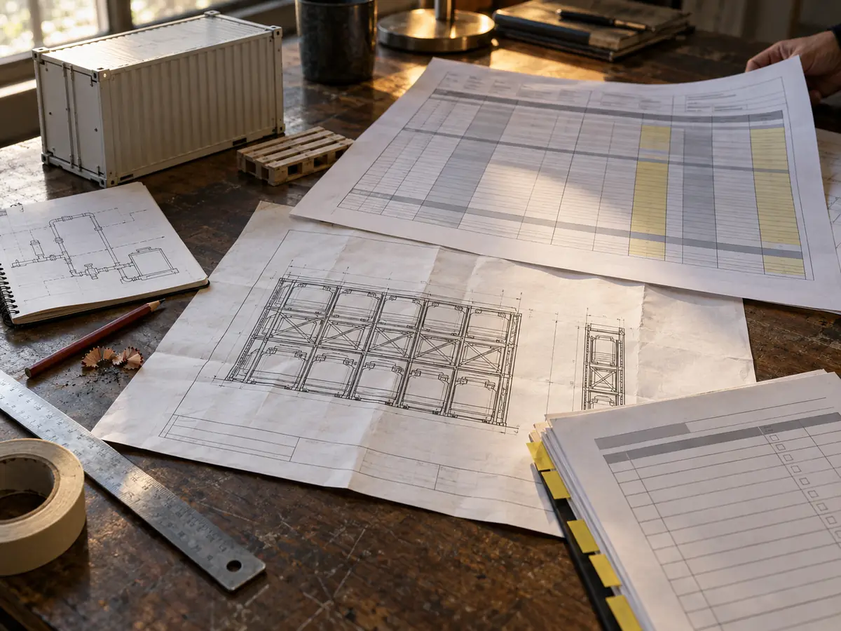 `A procurement worktable with a rack elevation, commodity notes, container sample, water-supply review sheet, and automation interface matrix for automated storage fire safety.`