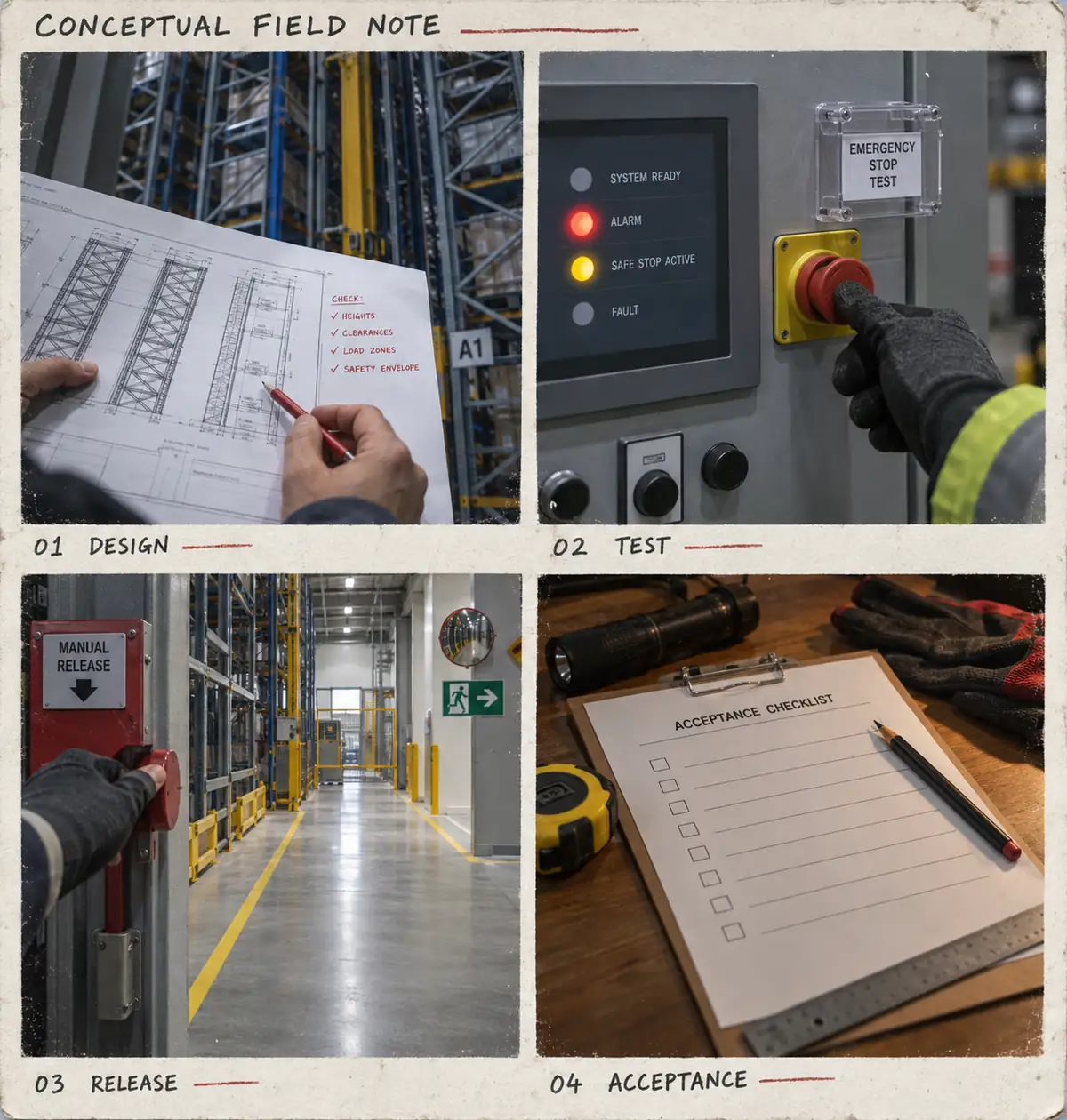 `Conceptual four-frame field-note contact sheet showing automated storage fire-protection review, alarm and shutdown testing, manual recovery checks, and acceptance records.`