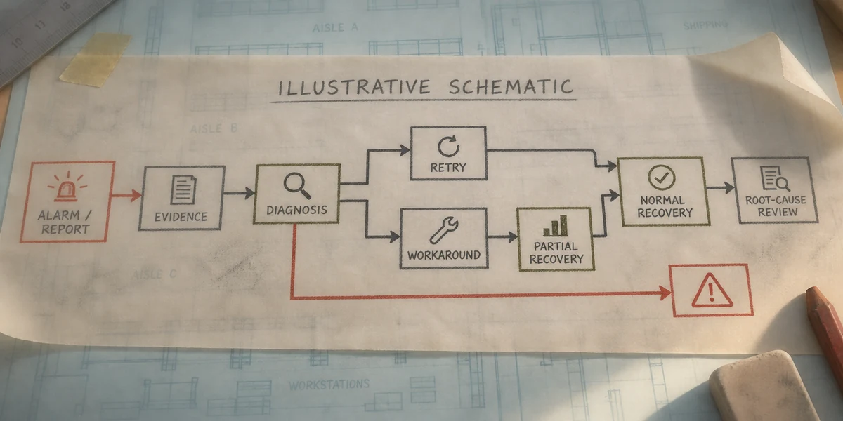 Illustrative schematic of an ASRS service event flow from alarm and evidence capture through diagnosis, retry, controlled intervention, and recovery confirmation.