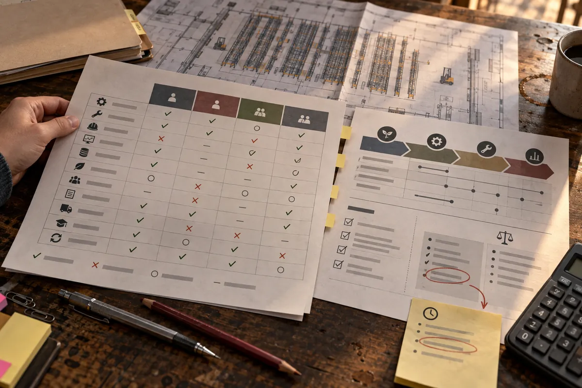 A procurement review table with maintenance scope notes and lifecycle decision papers for an automated warehouse.
