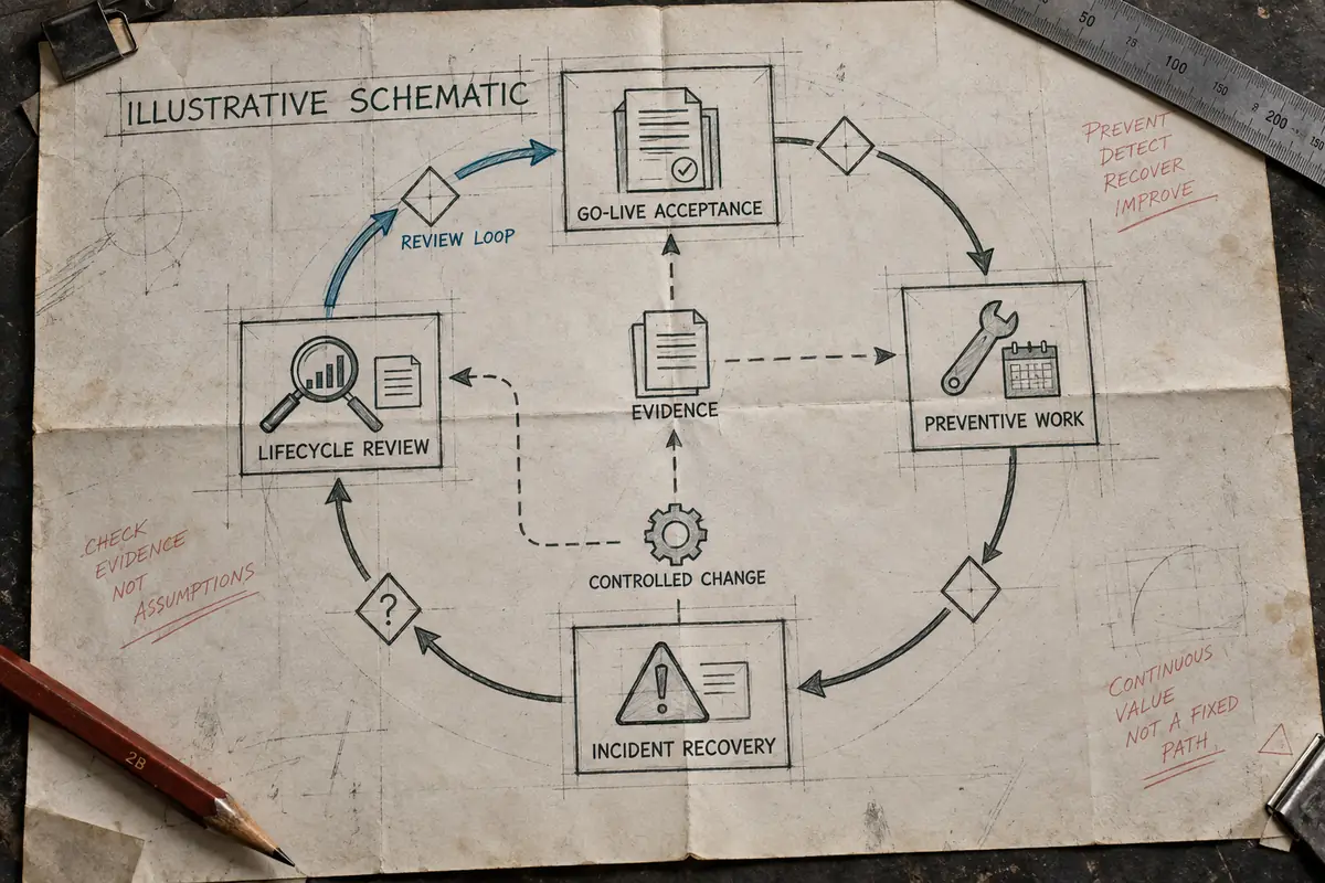 Illustrative schematic of an ASRS system lifecycle service linking go-live acceptance, preventive work, incident recovery, and lifecycle review.