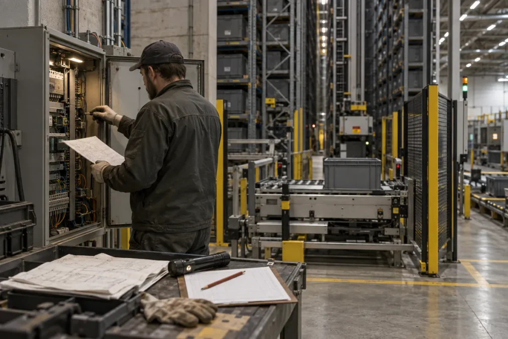 A maintenance engineer reviews an automated storage system beside control equipment and marked engineering papers.