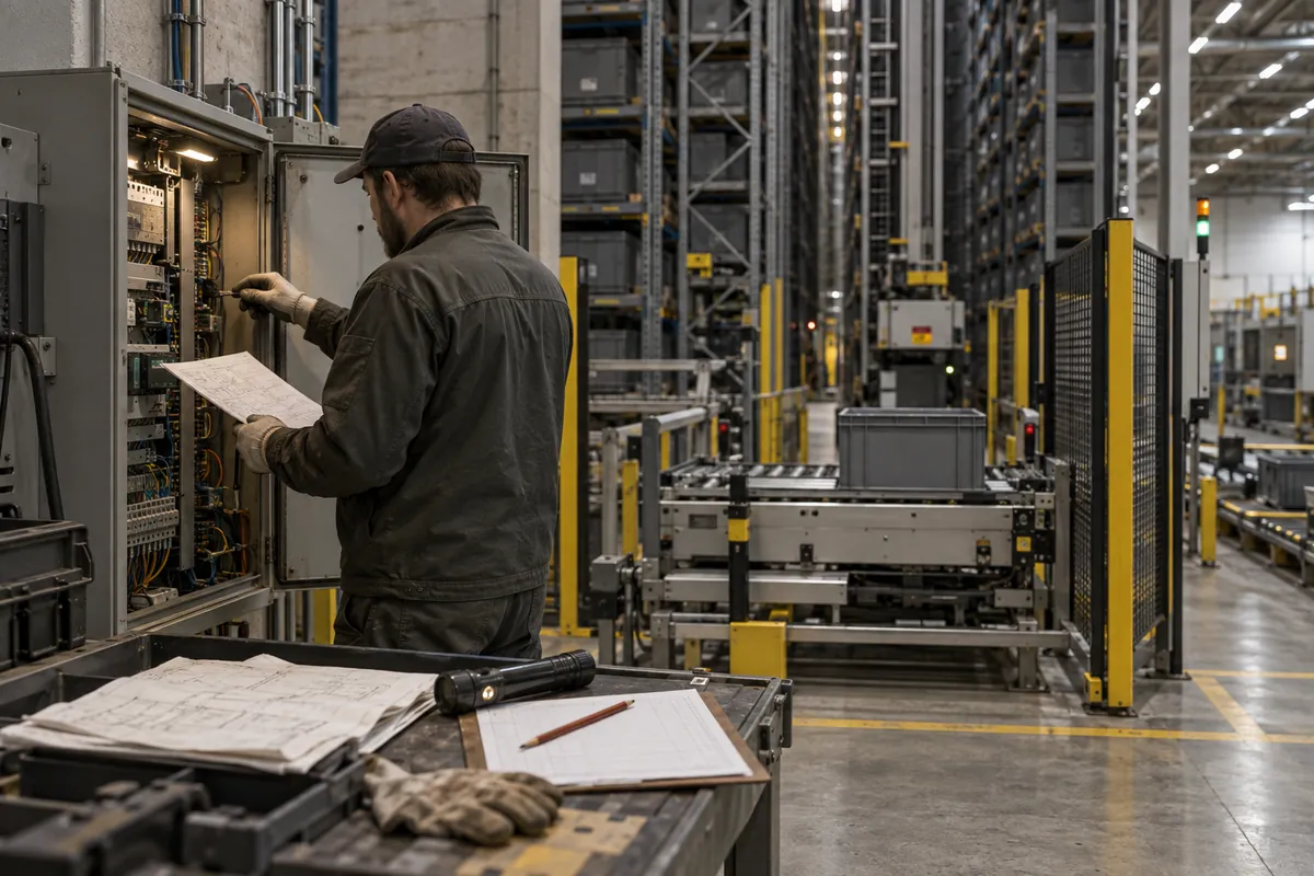A maintenance engineer reviews an automated storage system beside control equipment and marked engineering papers.
