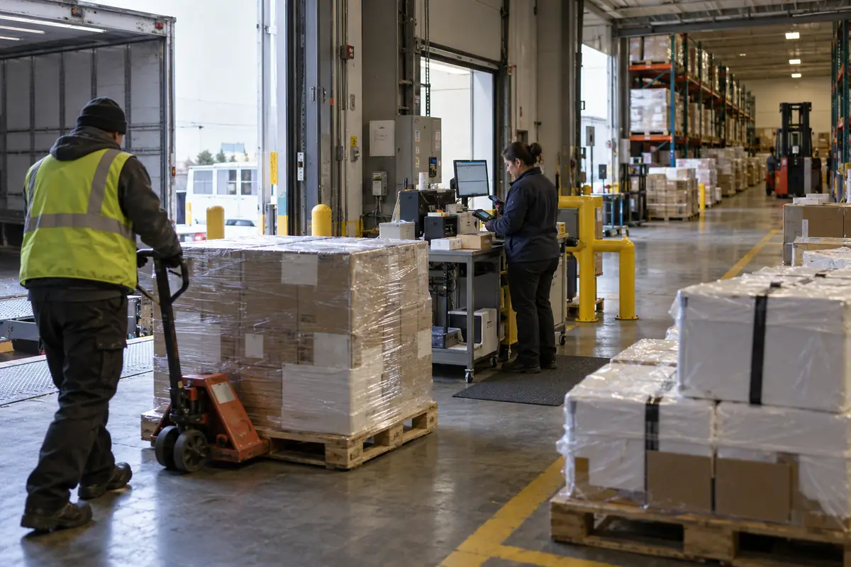 A pharmaceutical warehouse receiving area shows separated pallets, a quality review station and a controlled material path.