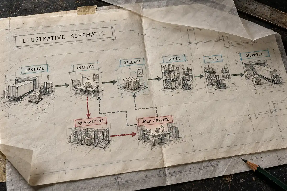 Illustrative schematic maps pharmaceutical material status changes from receiving and quarantine to release, storage and dispatch.