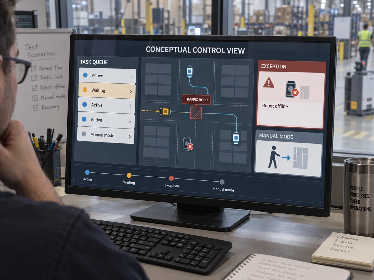 Conceptual control view shows robot task queues, traffic states, and exception reasons on a warehouse operations monitor
