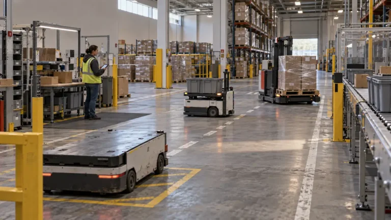 Blog Mobile warehouse equipment approaches separate picking and conveyor zones while operators monitor a controlled traffic area