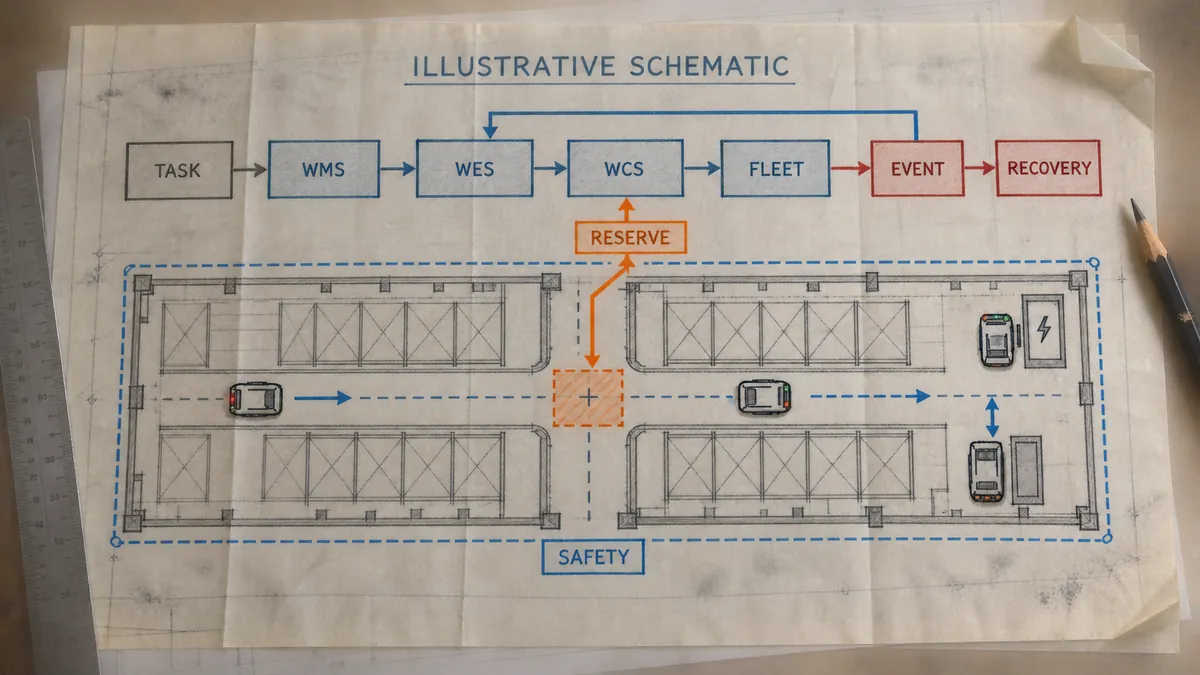 Illustrative schematic maps a conceptual warehouse robot control system across WMS, WES, WCS, fleet, safety, reservations, and recovery boundaries