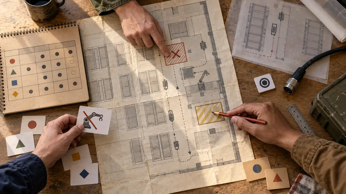 Procurement team documents map resource ownership, interface fields, and robot exception tests on a warehouse planning table